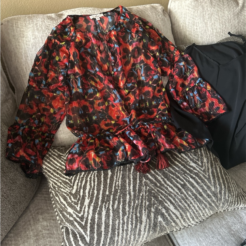 Elegant Red and Black Sheer Women's Blouse